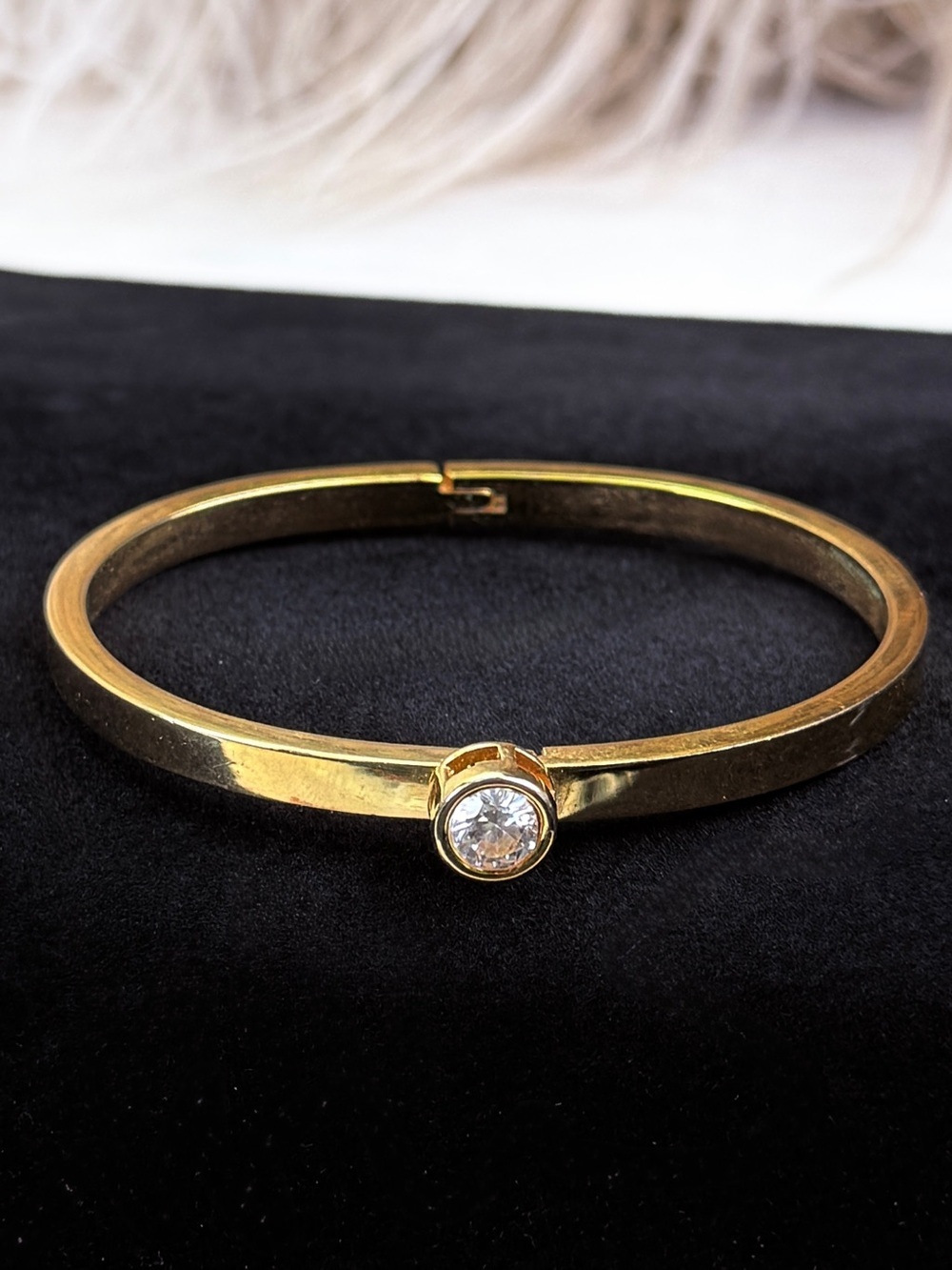Vintage Gold Tone CZ Solitaire Hinged Bangle Bracelet Minimalist